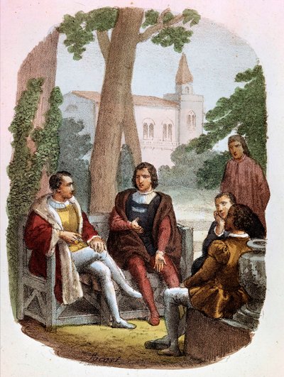Fabrizio Colonna és Cosimo Rucellai a háború művészetéről vitatkoznak – Alessandro Focosi (1836-1869) „Niccolo Machiavelli teljes művei” című könyvében. A háború művészete, Niccolo di Bernardo dei Machiavelli (Nicolas Machiavel) alkotó: Alessandro Focosi