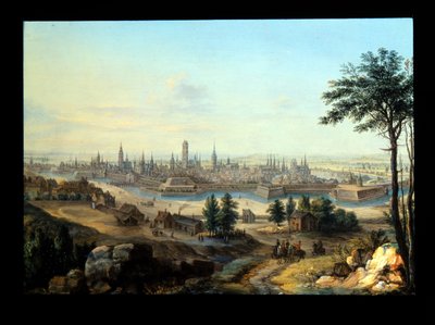 Danzig kilátása; Capriccio kilátás a palotára (fém: ezüstözött réz) alkotó: Alessandro Greuenbroeck