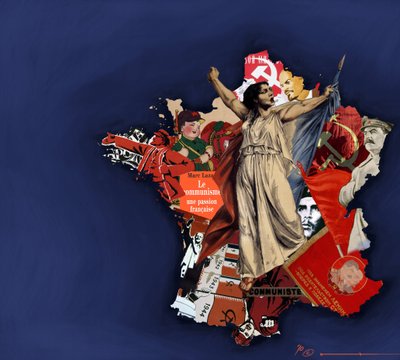Egy mariana a kommunista kollázs hátterében. A kommunizmus allegóriája Franciaországban. Alessandro Lonati 2010-es színes rajza. alkotó: Alessandro Lonati