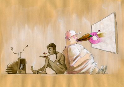 Megosztott társadalmunk fogyasztói társadalomként való allegorikus ábrázolása eltúlzott, mint egy fiatal nyugati elhízott, aki gyorséttermet (junk food) zabál egy óriási képernyő előtt, és egy éhező embert dörömböl, aki kétségbeesetten néz egy almaménes a  alkotó: Alessandro Lonati