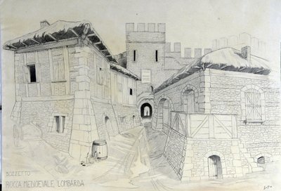 A középkori építészet: kilátás egy középkori lombard város sáncára. Alessandro Lonati ceruzavázlata. alkotó: Alessandro Lonati