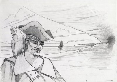 Karib-tengeri kalóz papagájjal kincset keres egy barlangban a tengerparton, galleonnal. Alessandro Lonati rajza. alkotó: Alessandro Lonati