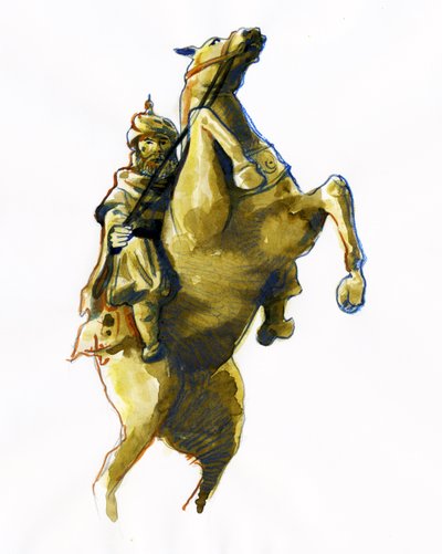 Oqba ibn Nafi Al Fihri (622-683) lovas portréja - (Uqba ibn Nafi vagy Oqba ibn Nafi, Uqba ibn Nafe, Uqba ibn al Nafia vagy Akbah arab tábornok) Rajz alkotó: Alessandro Lonati