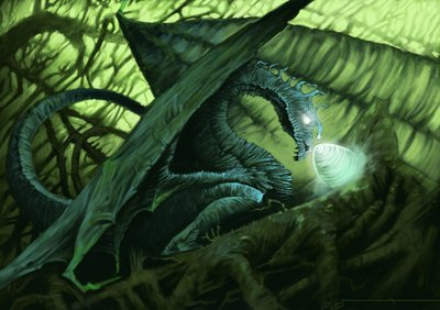 Fantasztikus lény: egy sárkány, aki védi a tojását. Illusztráció: Alesandro Lonati. 2010 alkotó: Alessandro Lonati