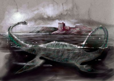 Fantasztikus szörnyek és lények, kriptozoológia: Nessie, a Loch Ness-i szörny ábrázolása Skóciában - Alessandro Lonati rajza, 2012 alkotó: Alessandro Lonati