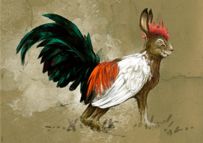 Fantasztikus szörnyek és lények, kriptozoológia: egy Skvader, Svédország képzeletbeli lényének ábrázolása, félúton a nyúl és a nagy hangakakas között, 1918-ban alkotta meg Rudolf Granberg taxidermistája – Alessandro Lonati rajza, 2012 alkotó: Alessandro Lonati