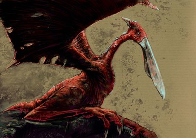 Fantasztikus szörnyek és lények, kriptozoológia: egy kongamato, egy illékony pteroszauruszszerű lény ábrázolása, amelyet állítólag Nyugat-Zambiában, a Mwinilunga kerület Jiundu mocsaraiban láttak – Alessandro Lonati rajza, 2012 alkotó: Alessandro Lonati