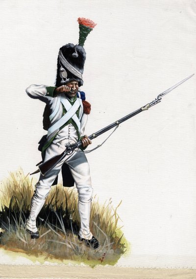 Első Birodalom (1804-1814 és 1815): Az olaszországi nagy napóleoni hadsereg velita katonája töltényt nyit ki. Alessandro Lonati rajza alkotó: Alessandro Lonati