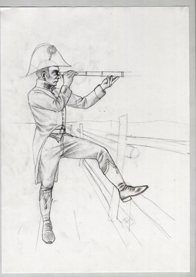 Első Birodalom (1804-1814 és 1815): a nagy francia napóleoni hadsereg rangidős katonája megfigyelés alatt, hosszú kilátással (long view). Alessandro Lonati befejezetlen rajza. alkotó: Alessandro Lonati