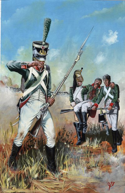 Első Birodalom (1804-1814 és 1815): a nagy napóleoni hadsereg katonái Olaszországban, hogy segítsenek egy sebesült elvtársnak. Alessandro Lonati rajza alkotó: Alessandro Lonati