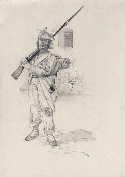 Első Birodalom (1804-1814 vagy 1815): a napóleoni hadsereg katonája, a lovasdandár gyalogos katonája egy erődben. Alessandro Lonati rajza alkotó: Alessandro Lonati