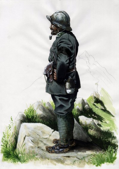 Első világháború 1914-1918: Az olasz hadsereg alpesi vadásztisztje (alpesi vadász) a Front des Alpes-on. Alessandro Lonati rajza alkotó: Alessandro Lonati