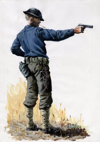 Első világháború 1914-1918: az amerikai hadsereg gyalogosa pisztollyal 1917-ben a nyugati fronton. Alessandro Lonati rajza alkotó: Alessandro Lonati