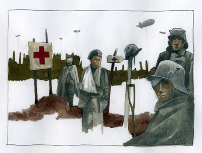 Első világháború: Gules-esetek és háborús sebesültek a Vöröskereszt mentőállomásán – 1914-1918 Illusztráció: Alessandro Lonati alkotó: Alessandro Lonati