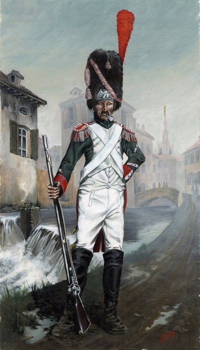 Első birodalom (1804-1814 és 1815): Olasz gránátos katonák a milánói csatorna közelében, háttérben a katedrálissal. Alessandro Lonati rajza alkotó: Alessandro Lonati