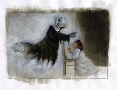 Egy görbe kezű idős apáca szelleme megjelenik egy imádkozó kislánynak Illusztráció: Alessandro Lonati alkotó: Alessandro Lonati
