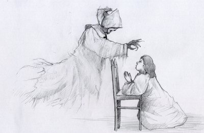 Egy görbe kezű idős apáca szelleme megjelenik egy imádkozó kislánynak Illusztráció: Alessandro Lonati alkotó: Alessandro Lonati