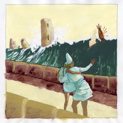 Az Atlantisz-tenger (Atlantisz) alatt eltűnt sziget mítoszának illusztrációja: kilátás a legendás sziget görög városát elárasztó szökőárra. Alessandro Lonati színes rajza. alkotó: Alessandro Lonati