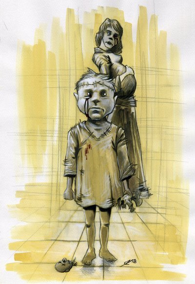 Illusztráció sci-fi: zombik (spektrum) vagy szellemszellemek, a rémálmot idézve, egy gyereket mutat be, akinek a koponyáját egy dekás babával varrják, a háttérben pedig egy terhes anyát. Úgy tűnik, ő is balesetet szenvedett. Alessandro Lonati rajza alkotó: Alessandro Lonati