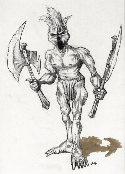 Legendás szörnyeteg a Fantasy Illusztrációhoz: troll harcos baltákkal. Alessandro Lonati rajza alkotó: Alessandro Lonati