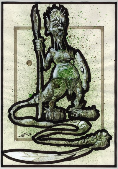 Legendás szörnyeteg fantasy illusztrációhoz: törzsi lény vagy harcos arca lándzsával, pajzzsal és tollfarokkal. Alessandro Lonati rajza alkotó: Alessandro Lonati