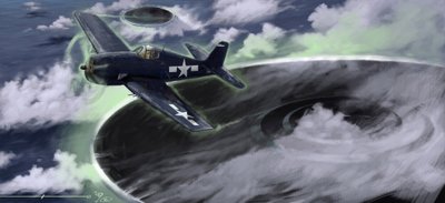 Titokzatos jelenségek: az amerikai haditengerészet egyik repülőgépének eltűnését ábrázolja a Bermuda-háromszögben az 1940-es években. Egy legenda azt sugallja, hogy az itt ábrázolt UFO-k (UFO vagy idegenek) munkája lenne. Alessandro Lonati rajza alkotó: Alessandro Lonati