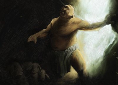 Homérosz Odüszeusa: A Küklopsz-polifémát Ulysses megvakítja a barlangjában. Illusztráció: Alessandro Lonati. 2010 alkotó: Alessandro Lonati