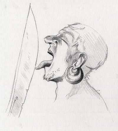 Egy kalóz (magánember) portréja, aki dacol a karddal úgy, hogy megérinti azt a nyelvével. Alessandro Lonati rajza. alkotó: Alessandro Lonati