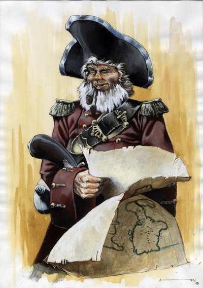 Egy kalóz (magánember) vagy tricornt viselő tengerész portréja, kezében a kincstárs térképével. Alessandro Lonati színes rajza. alkotó: Alessandro Lonati