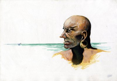 Kalóz (magánember) vagy tengerész portréja tengerrel az alján. Alessandro Lonati színes rajza. alkotó: Alessandro Lonati