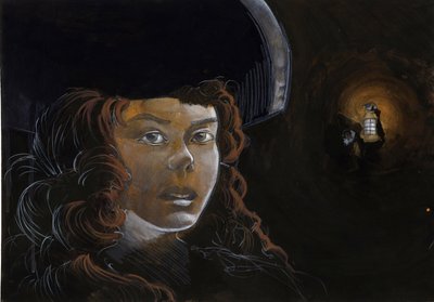 Egy kalóz nő (magánember) vagy tengerész portréja az éjszakában, egy másik kalóz lámpásával megvilágítva. Alessandro Lonati színes rajza. alkotó: Alessandro Lonati
