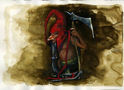 A Goblin család legendás rosszindulatú lényének ábrázolása a brit folklórból – (vörössapkás, rosszindulatú gyilkos törpe, goblin, elf vagy tündér a Border Folklore-ban található) Illusztráció: Alessandro Lo alkotó: Alessandro Lonati