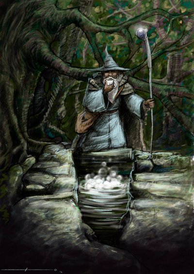 Egy druida ábrázolása a csodálatos Barenton szökőkútnál, a broceliandei erdőben - Alessandro Lonati illusztrációja - 2012 - alkotó: Alessandro Lonati