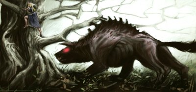 Gevaudan legendás bétájának ábrázolása, aki megtámad egy fán ülő kislányt. Illusztráció: Alessandro Lonati, 2010. alkotó: Alessandro Lonati