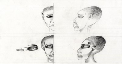 Tudományos-fantasztikus illusztráció (sci-fi): egy idegen vagy idegen (idegen vagy idegen) arcának tanulmányozása a Mars bolygótól a világűr vagy a világegyetem meghódításáig. Alessandro Lonati rajza alkotó: Alessandro Lonati