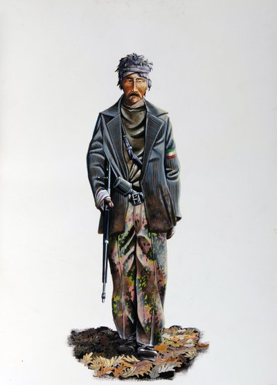 Második világháború: az Olasz Ellenállás (maquis vagy gerillák, partizán) (Resistenza Italiana) tagja, terepszínű ruhát és fegyvert visel géppuskával. 1943-1945. Illusztráció: Alessandro Lonati alkotó: Alessandro Lonati