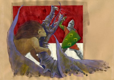 Yvain, az oroszlán lovagja harcban a sárkánnyal Illusztráció: Alessandro Lonati alkotó: Alessandro Lonati