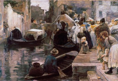 ""Esküvő Velencében"" Az ifjú házasok gondolán ülnek. Alessandro Milesi (1856-1945) festménye 1897 Róma. Galleria Nazionale d