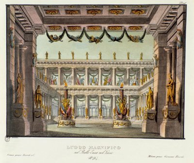 Csodálatos hely: egy templom képe Giuseppe Sarti „Enea nel Lazio” (1799) című lírai drámájának ábrázolásához készült szcenográfia. Litográfia a „” Alessandro Sanquirico (1777-1849) festői találmányainak gyűjteménye 1830-ból”. Privát milánói alkotó: Alessandro Sanquirico