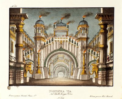 Templom a Dzsingisz kán idején, Giovanni Galzerani (1780-1865) (1828) olasz koreográfus „” Genis-Kan” című balettjéhez. Litográfia a „” Alessandro Sanquirico (1777-1849) festői találmányainak gyűjteménye 1830-ból”. milánói magán alkotó: Alessandro Sanquirico