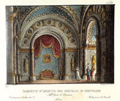 Isoletta kabinetje a bretagne-i Montolino kastélyban Szcenográfia Vincenzo Bellini „La straniera”” (1828) című operájának a Teatro alla scala előadásához 1829-ben. Litográfia „” Alessandro Sanquirico festői találmányainak gyűjteménye 1830-ból alkotó: Alessandro Sanquirico