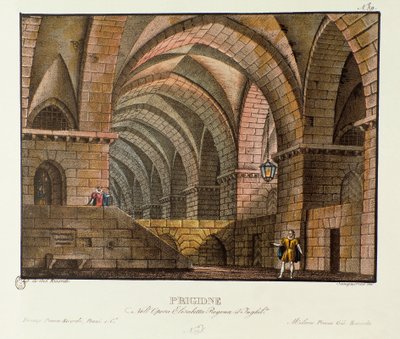 Norfolk meglátogatja a Leicester fogolyt a Scenography börtönben Gioacchino Rossini (vagy Gioachino) „Elisabetta, Regina d