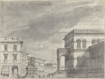 Piazza lovas emlékművel és palotával alkotó: Alessandro Sanquirico
