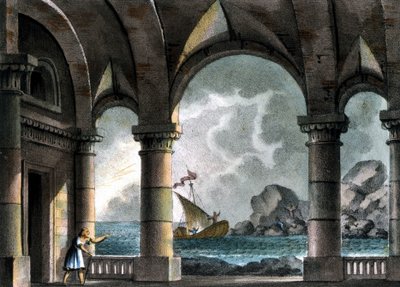 Sanquirico szcenográfiája Vincenzo Bellini „Il pirata” (A kalóz) című operájához alkotó: Alessandro Sanquirico