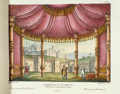 Mohamed pavilonja (II. felvonás) A milánói Teatro alla scala 1829-es, Gioacchino Rossini (vagy Gioachino) „Korinthosz ostroma” (vagy Korinthosz ostroma) című operájának (1826) című operájának forgatókönyve. Litográfia a „” találmányok gyűjteményében alkotó: Alessandro Sanquirico