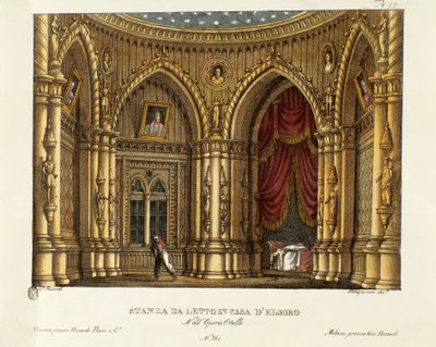 Elmire (vagy Elmiro) hálószobája Szcenográfia Gioacchino Rossini (vagy Gioachino) „Otello”” című operájához (1816) William Shakespeare „Othello vagy a velencei mór” című darabja után 1830 (litográfia) alkotó: Alessandro Sanquirico