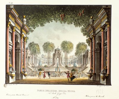 Kilátás a Dzsingisz kán palota királyi udvarára Giovanni Galzerani (1780-1865) olasz koreográfus (1828) „” Genis-Kan ”” című balettjéhez. Litográfia a "" Alessandro Sanquirico (1777-1849) festői találmányainak gyűjteménye 1830-ból" alkotó: Alessandro Sanquirico