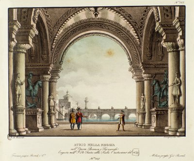 Kilátás a királyi palota termére Vincenzo Bellini „Bianca e Fernando” (1826) című operájának 1829-es ábrázolásához készült szcenográfia. Litográfia a „” Alessandro Sanquirico (1777-1849) festői találmányainak gyűjteménye 1830-ból”. Privát milánói alkotó: Alessandro Sanquirico