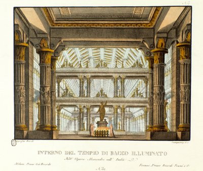 Bacchus templomának belső nézete megvilágítja a szcenográfia a Metastase (Metastasio) „Alessandro nell