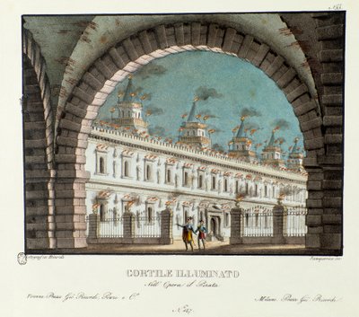 Kilátás a nagy, megvilágított udvarra Vincenzo Bellini Il pirata (A kalóz) (1827) című operájának ábrázolásához készült szcenográfia. Litográfia a „” Alessandro Sanquirico (1777-1849) festői találmányainak gyűjteménye 1830-ból”. milánói magán c alkotó: Alessandro Sanquirico